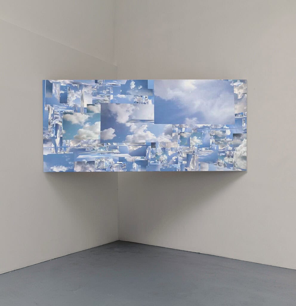 FORECAST by Anne de Vries, 2011-2026, CGI video installation, installation view at Hussenot Gallery Paris, blue sky and clouds imagery with philosophical text overlay